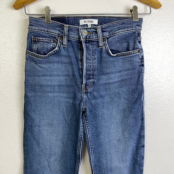 Re/Done 90s High Rise Extra Crop Jeans Womens 25 Blue Denim Button Undone Hem - Picture 3 of 12